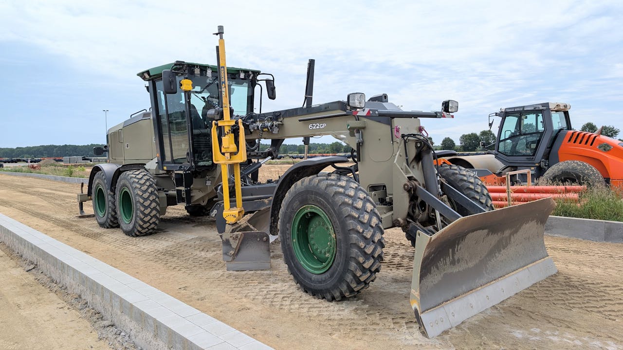 Meist A grader machinery on a construction site in Werlte, Niedersachsen, Germany, ready to work.